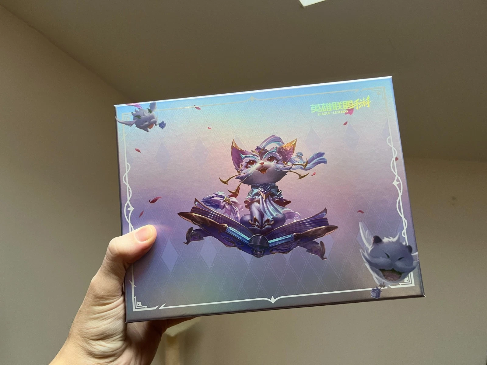 Hand holding the box of a China-exclusive Crystal Rose Yuumi figure, bought at the Worlds 2025 pop-up store — the item that started Hoarden